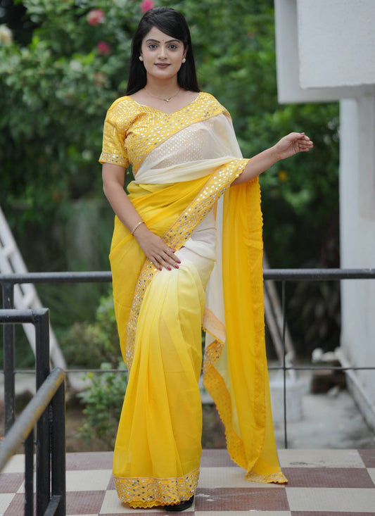 Yellow Faux Georgette Classic Saree Embroidered, Lace, Mirror S20462