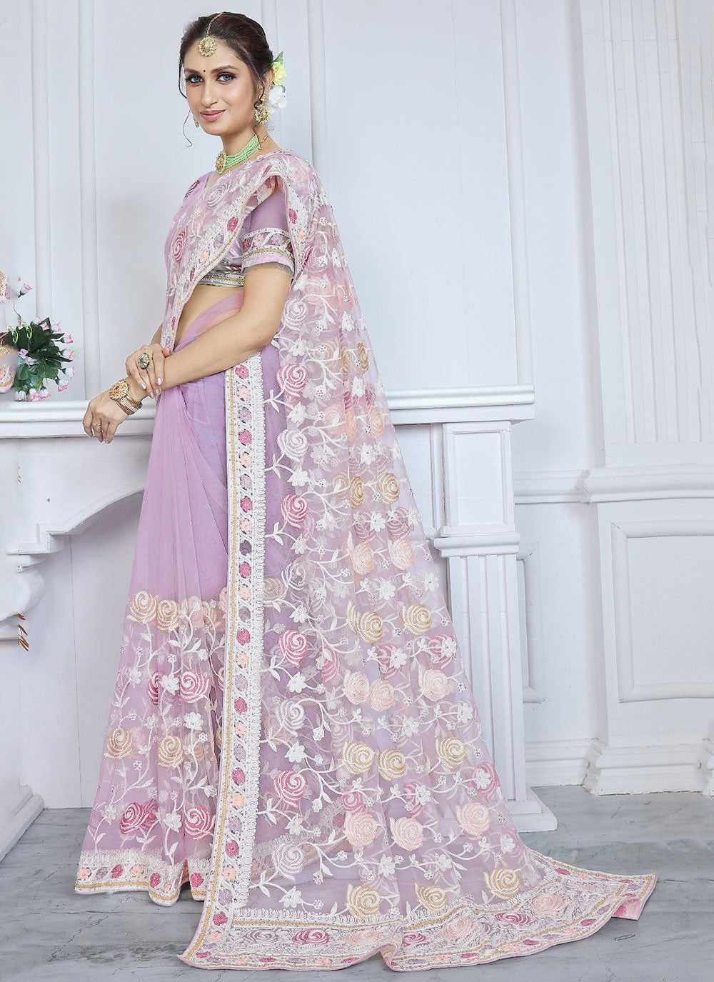 Classic Aari Work Net Saree - S8371