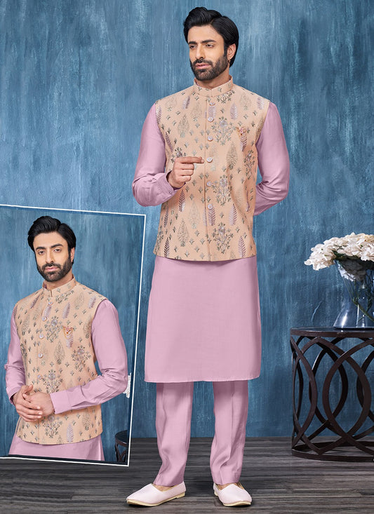 Embroidered Banarasi Silk Lavender, Multi Colour Kurta Payjama With Jacket - M6337