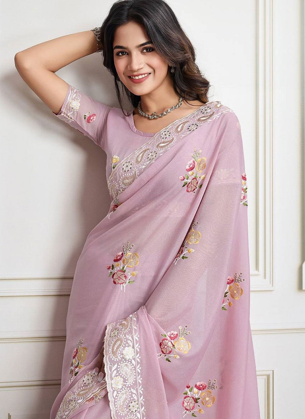 Border Work Georgette Lavender Saree S14233