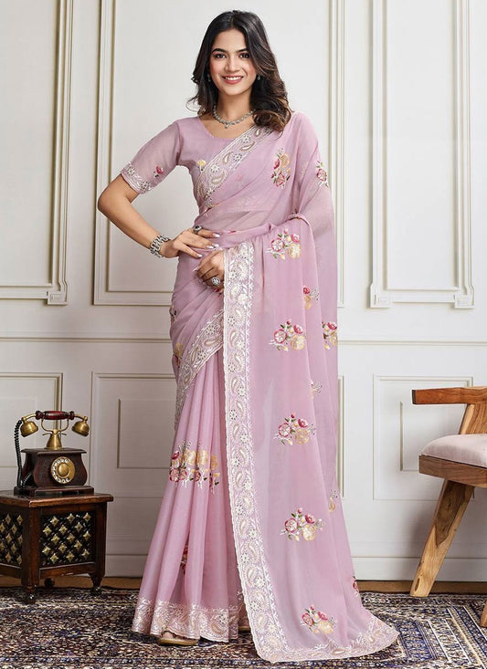 Border Work Georgette Lavender Saree S14233