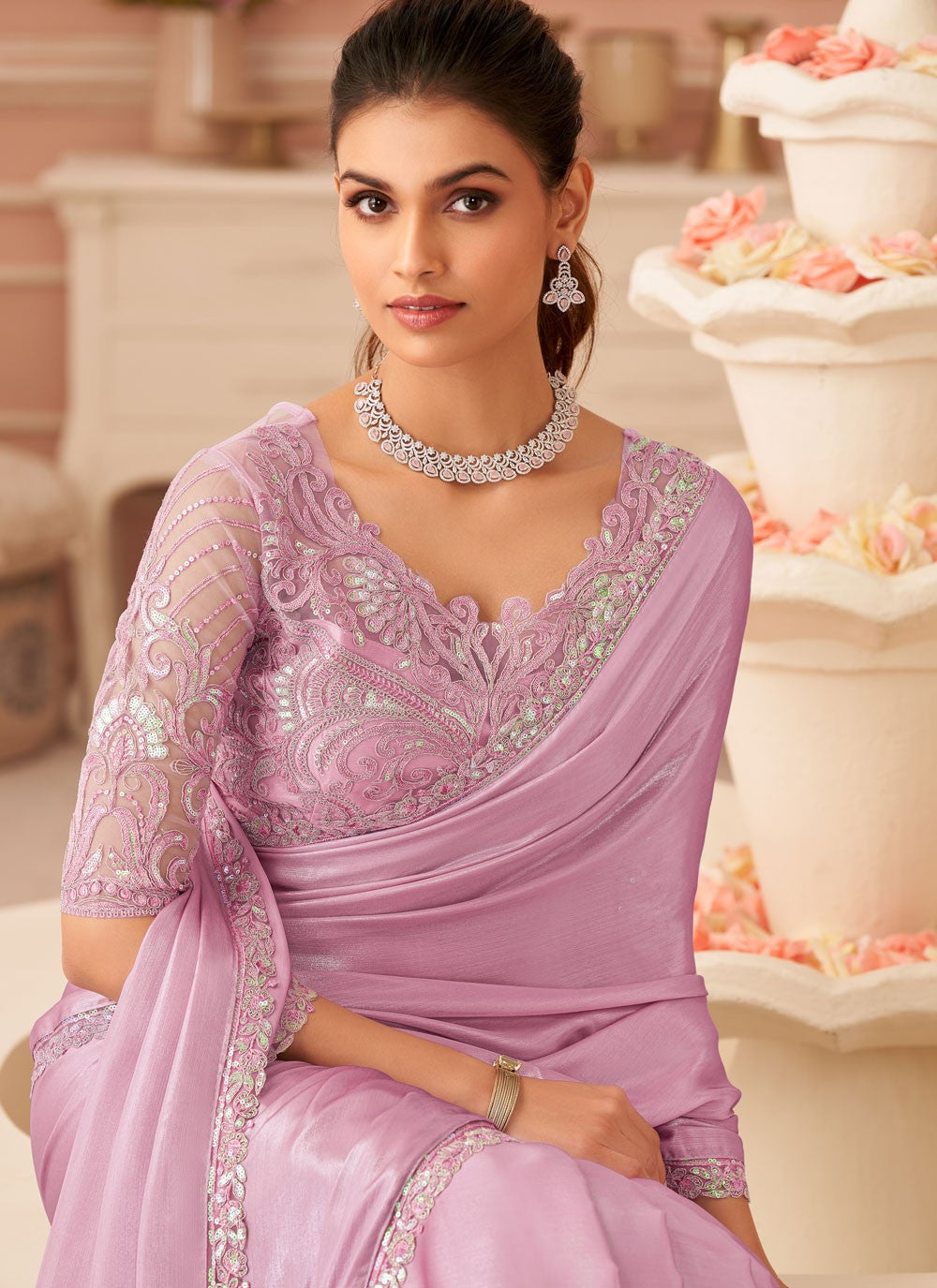 Lavender Chiffon Trendy Saree Border Work, Embroidered, Zari S19110