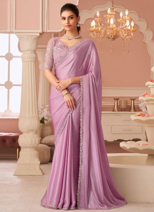 Lavender Chiffon Trendy Saree Border Work, Embroidered, Zari S19110