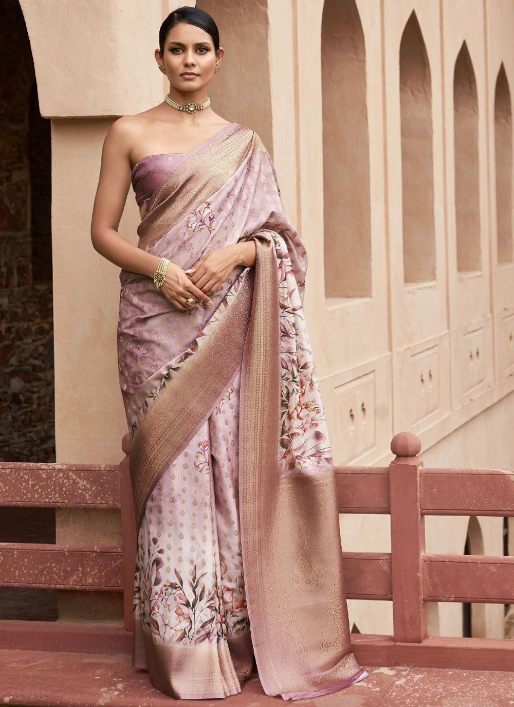 Contemporary Digital Print Lavender, Pink Tussar Silk Saree S13235