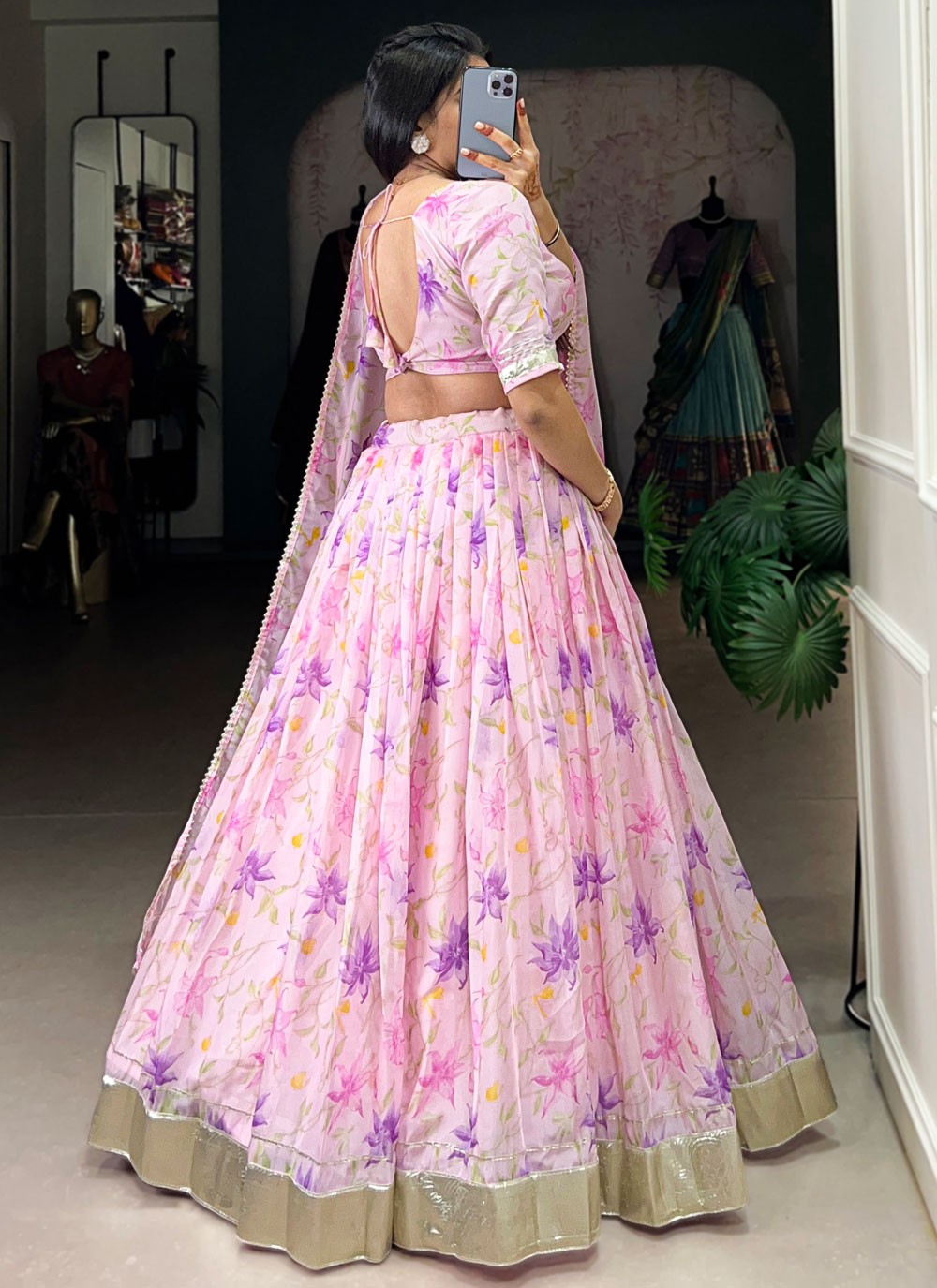 Floral Printed Silk Lavender, Pink Lehenga - L3413