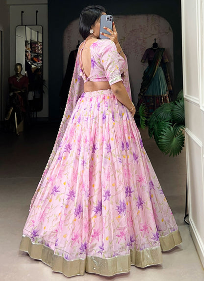 Floral Printed Silk Lavender, Pink Lehenga - L3413
