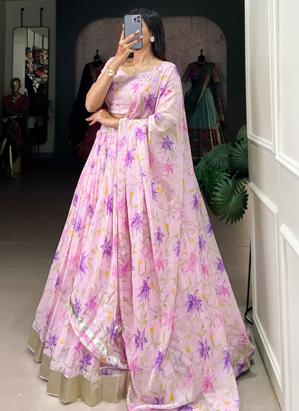 Floral Printed Silk Lavender, Pink Lehenga - L3413