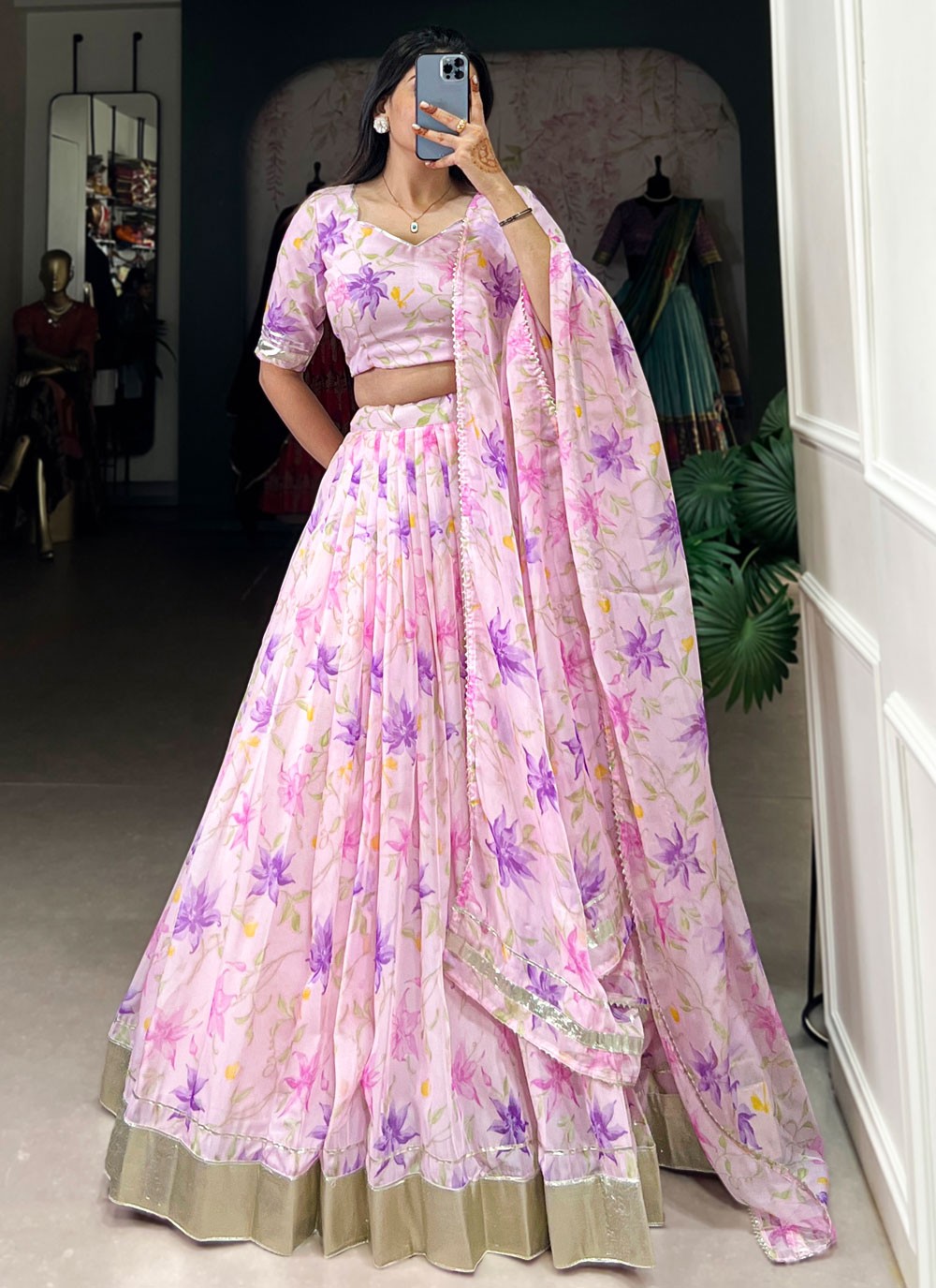 Floral Printed Silk Lavender, Pink Lehenga - L3413