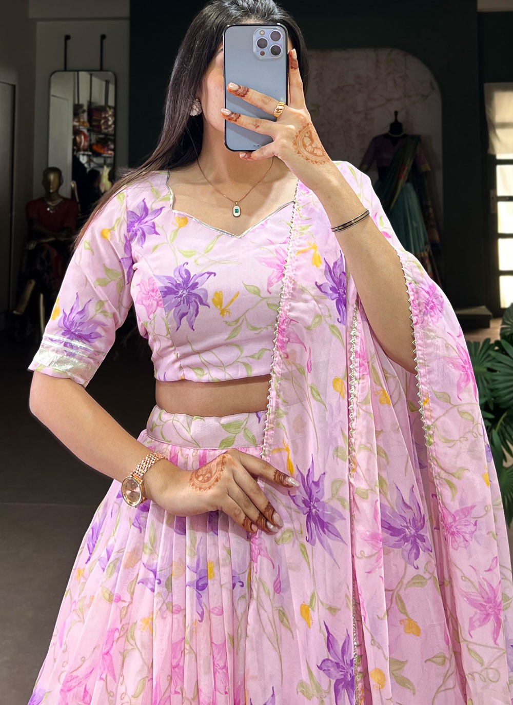 Floral Printed Silk Lavender, Pink Lehenga - L3413