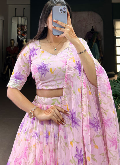 Floral Printed Silk Lavender, Pink Lehenga - L3413