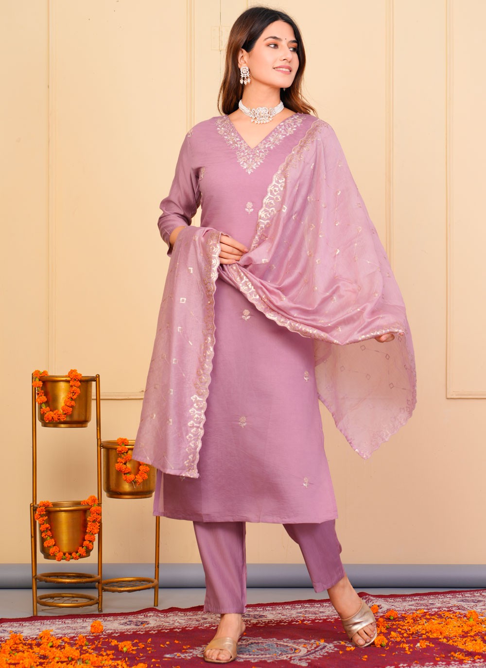 Salwar Suit Embroidered Lavender, Pink Chanderi T5132
