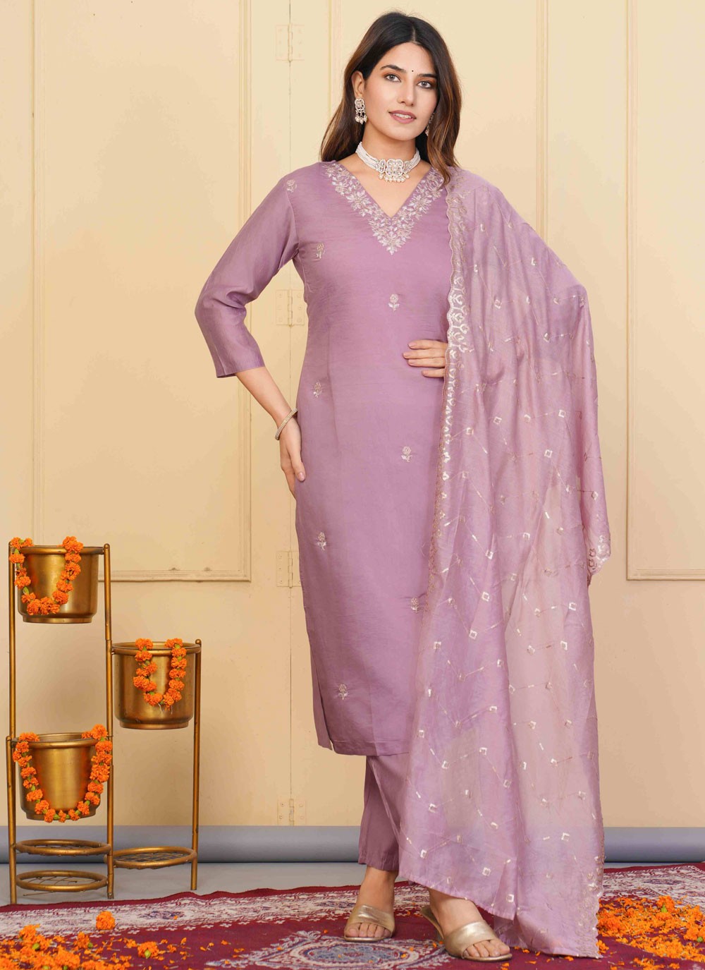 Salwar Suit Embroidered Lavender, Pink Chanderi T5132
