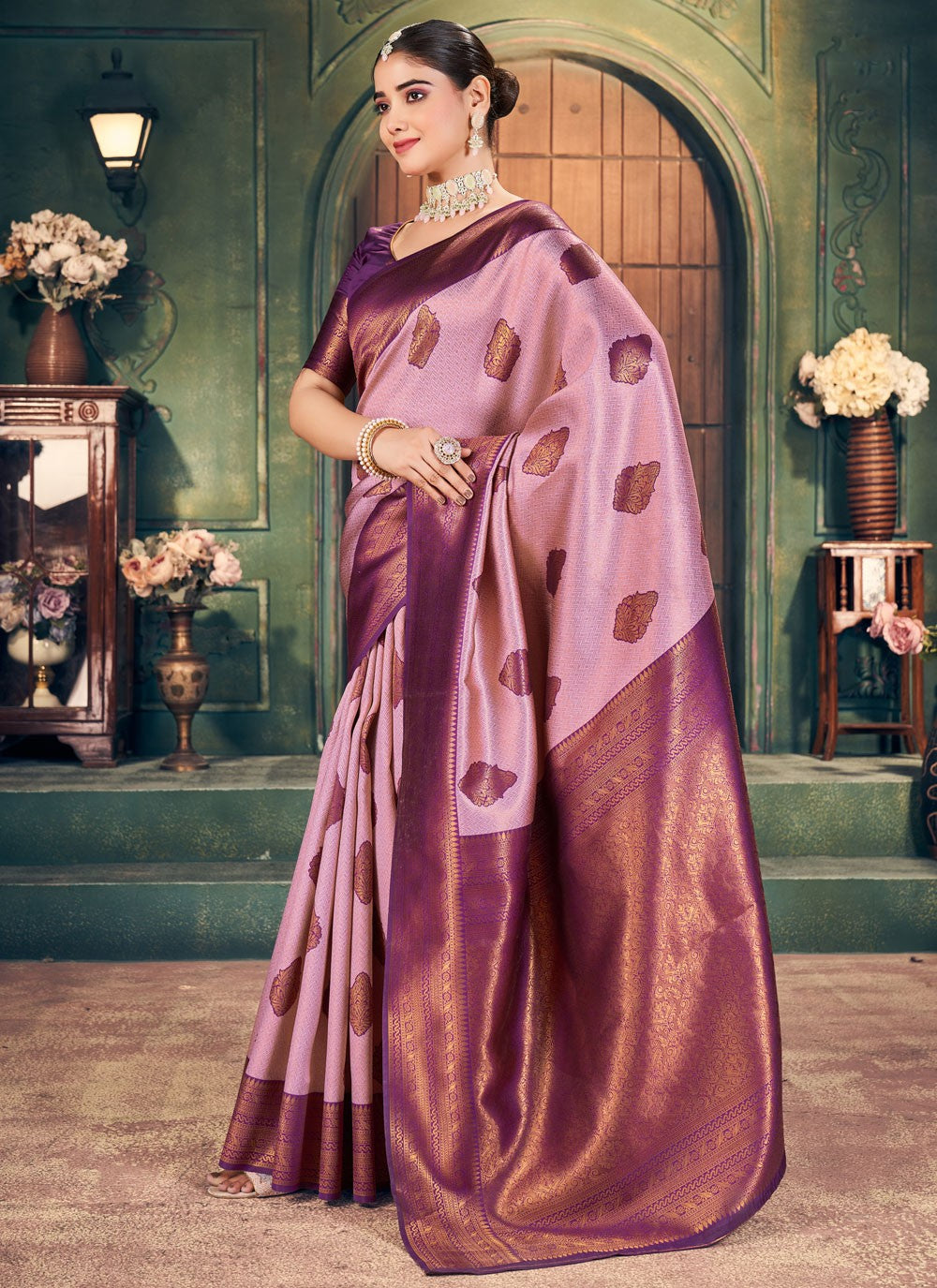 Designer Weaving Zari Lavender, Pink Silk Saree S13415