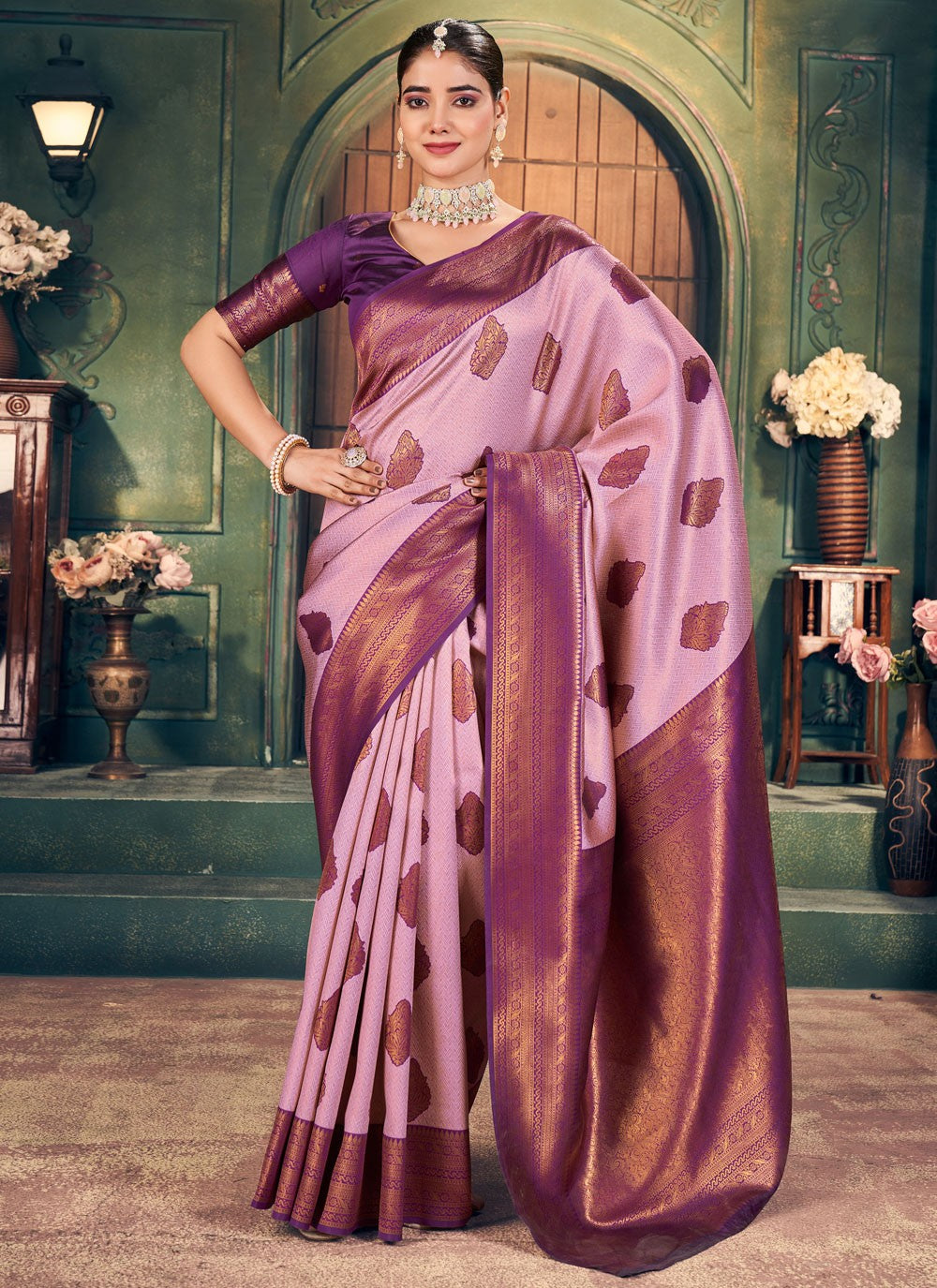 Designer Weaving Zari Lavender, Pink Silk Saree S13415