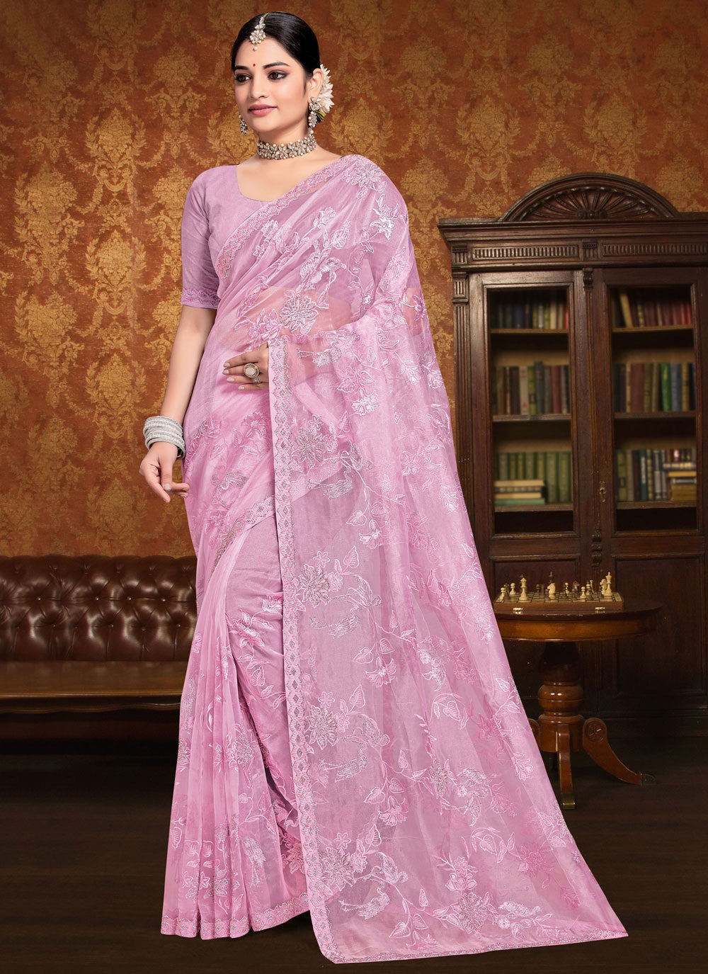 Classic Saree Embroidered Lavender, Pink Organza Saree S13250