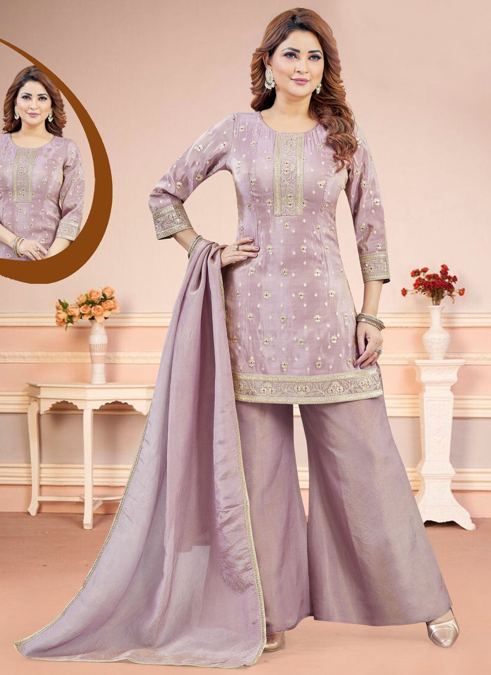 Salwar Suit Embroidered Lavender, Pink Silk T5852