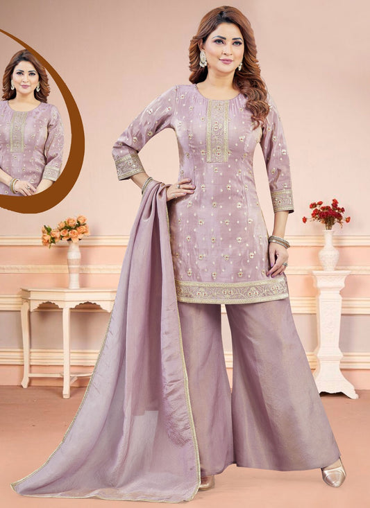 Salwar Suit Embroidered Lavender, Pink Silk T5852
