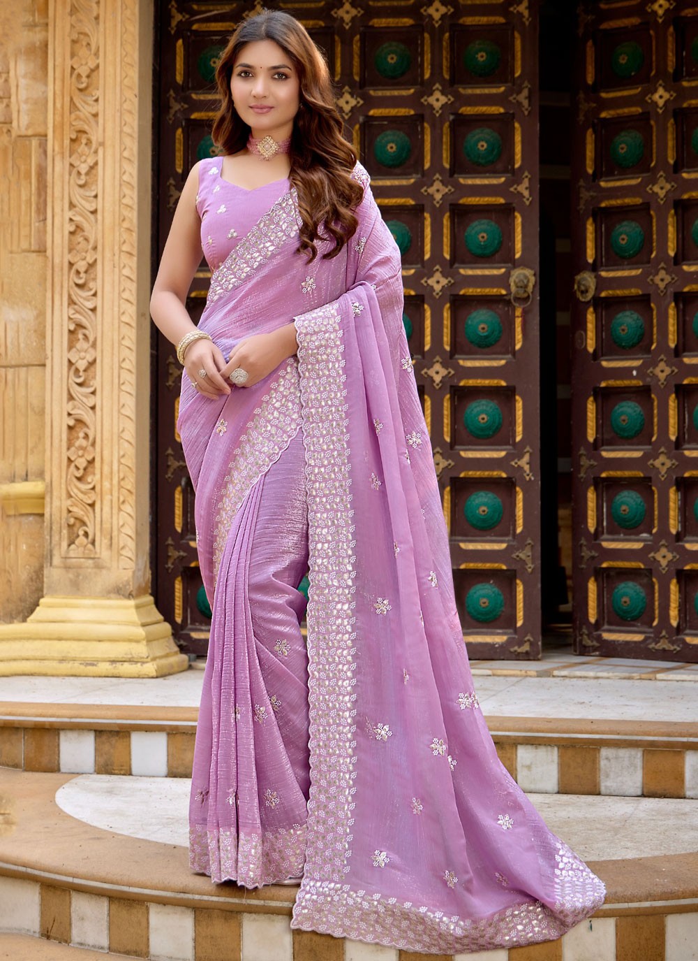 Contemporary Cut Work Lavender, Purple Chiffon Saree S13410