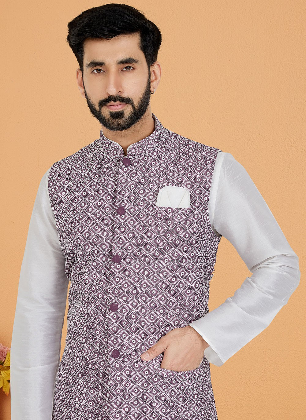 Resham Thread Work Dupion Silk, Viscose Lavender, White Kurta Payjama With Jacket - M5461