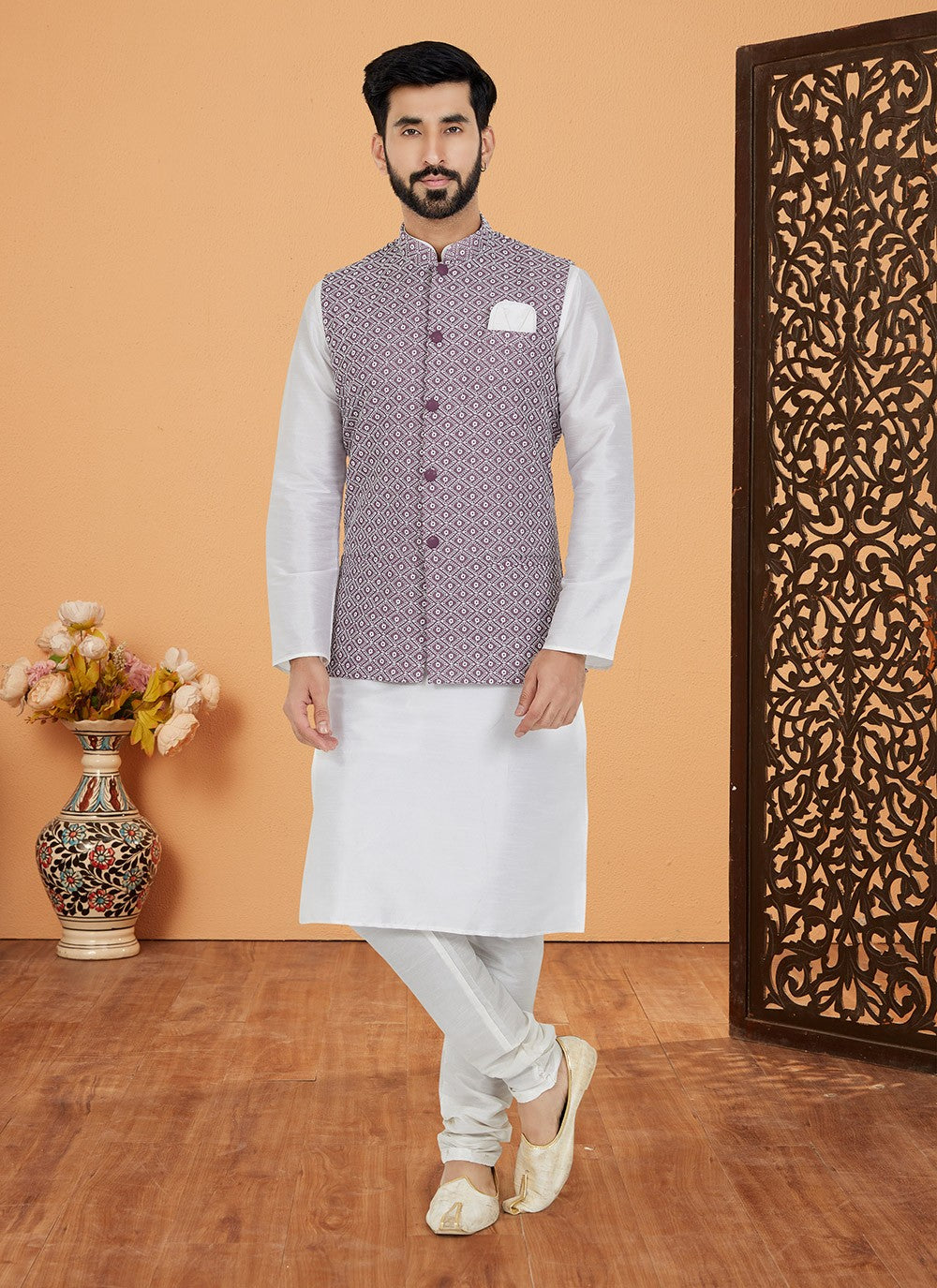 Resham Thread Work Dupion Silk, Viscose Lavender, White Kurta Payjama With Jacket - M5461