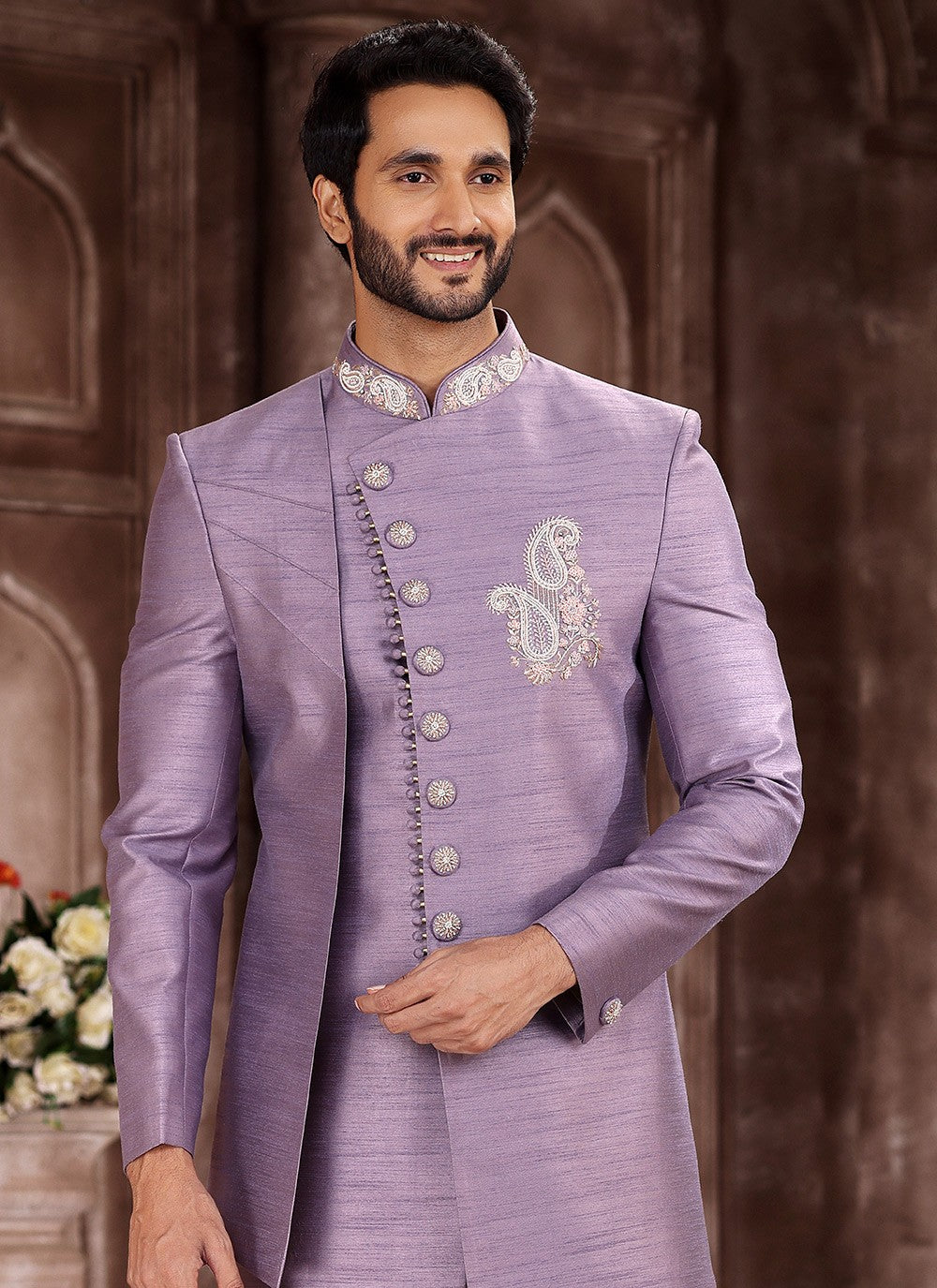 Embroidered Art Silk Lavender Indo Western Sherwani - M5373