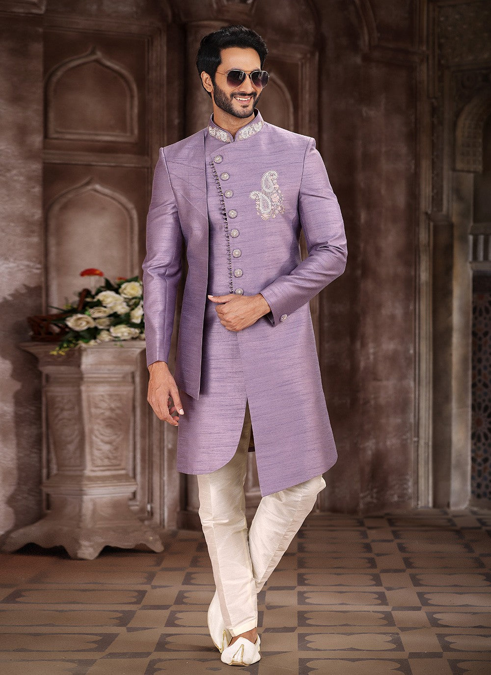 Embroidered Art Silk Lavender Indo Western Sherwani - M5373