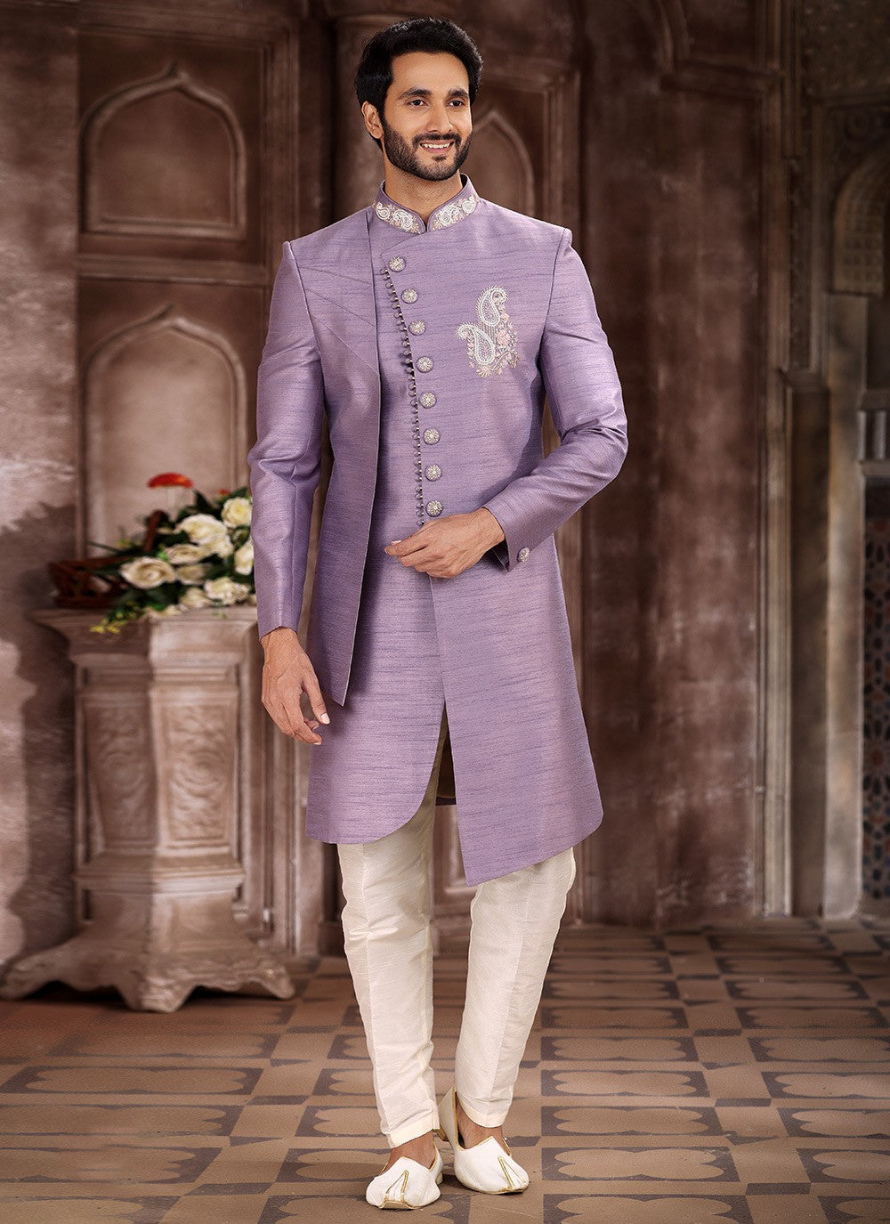 Embroidered Art Silk Lavender Indo Western Sherwani - M5373