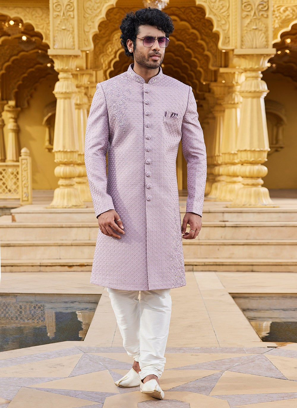 Machine Embroidery Art Silk Lavender Sherwani - M6103