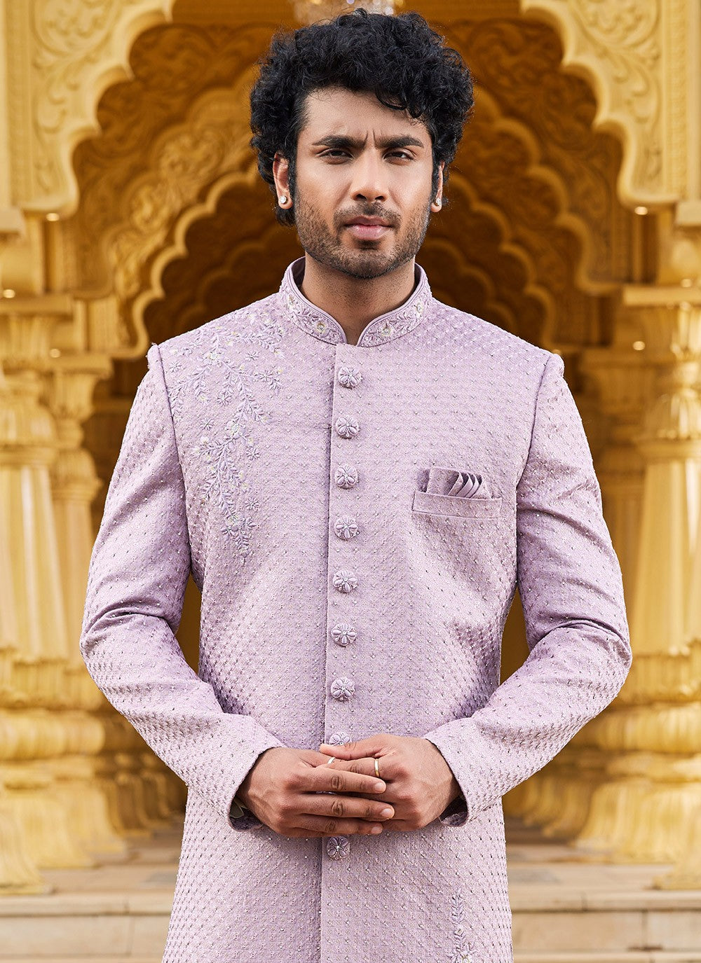 Machine Embroidery Art Silk Lavender Sherwani - M6103