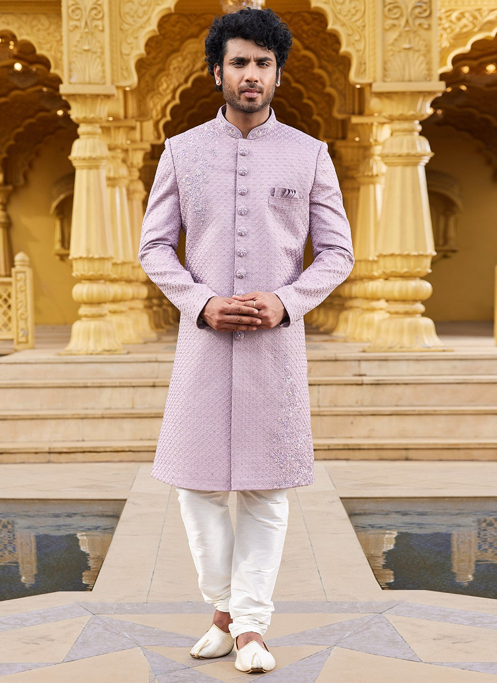 Machine Embroidery Art Silk Lavender Sherwani - M6103