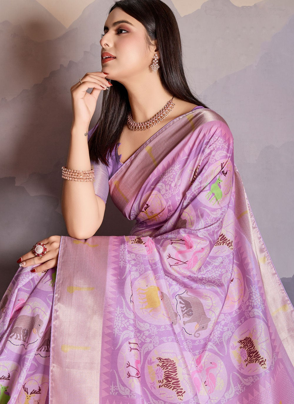 Digital Print Pure Dola Lavender Trendy Saree S14913