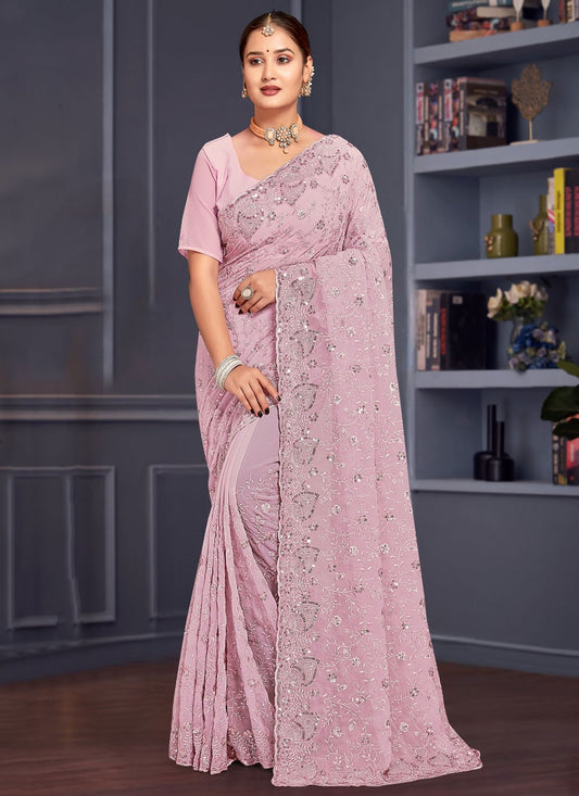 Embroidered Georgette Lavender Saree S14654