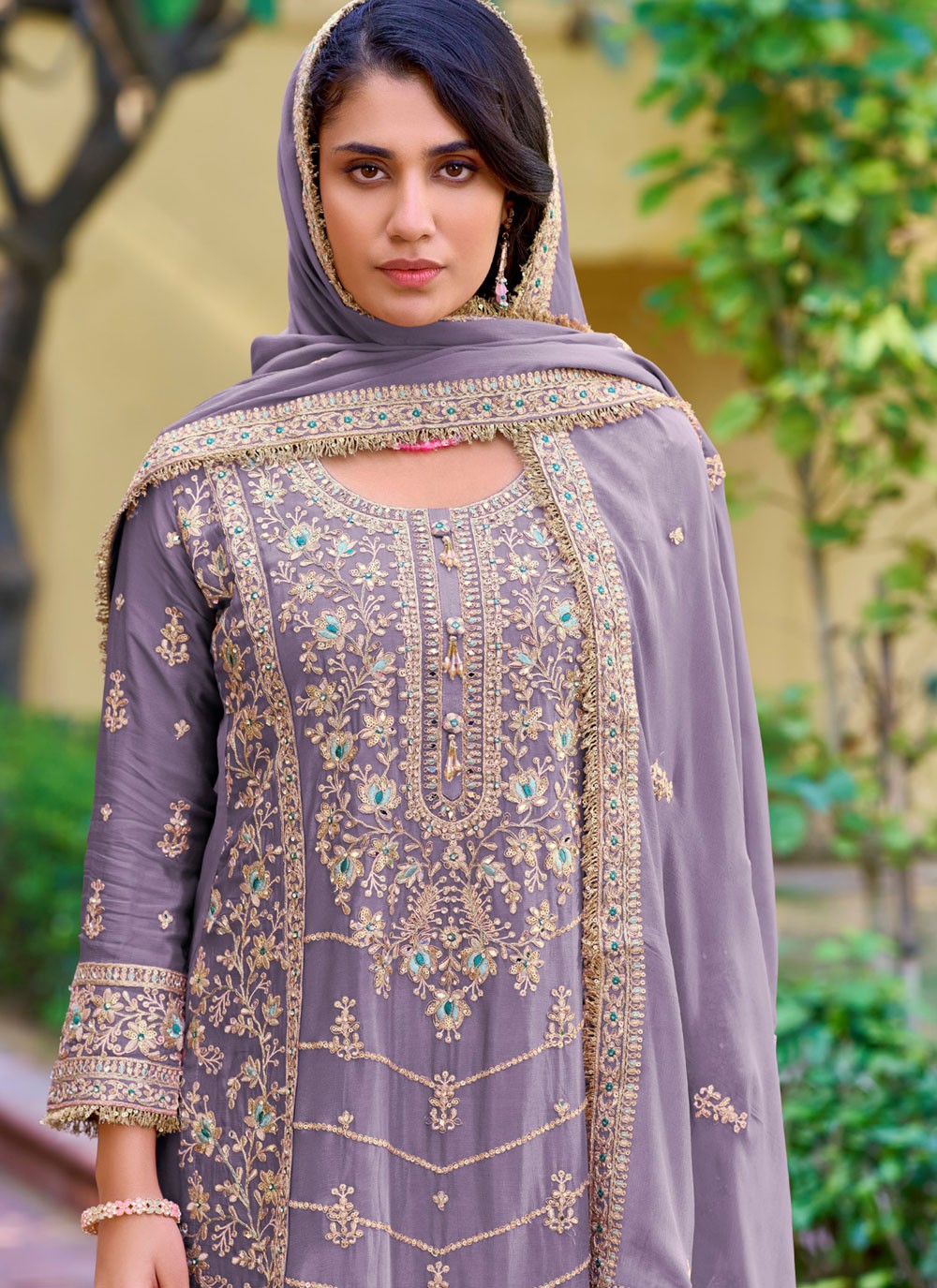 Embroidered Chinon Lavender Pant Style Suit T6393