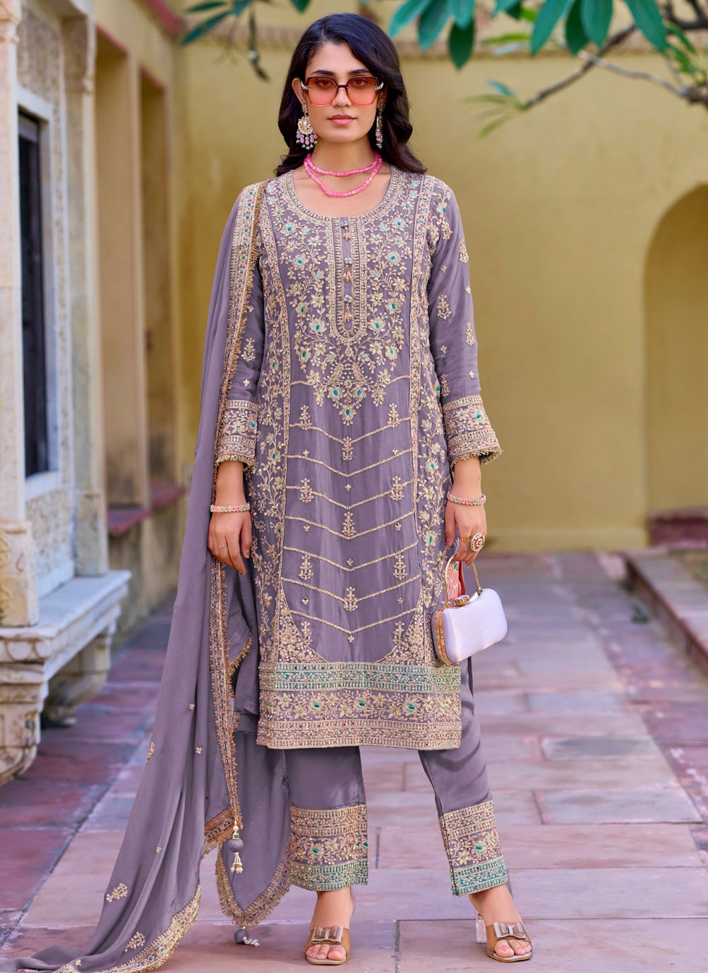 Embroidered Chinon Lavender Pant Style Suit T6393