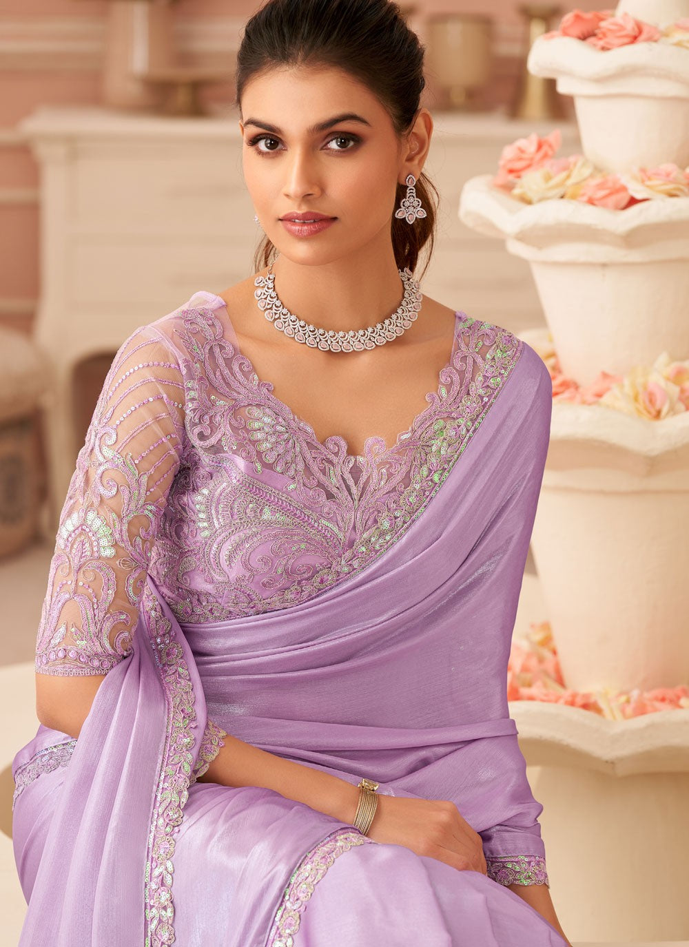 Traditional Border Work Lavender Chiffon Saree S13640
