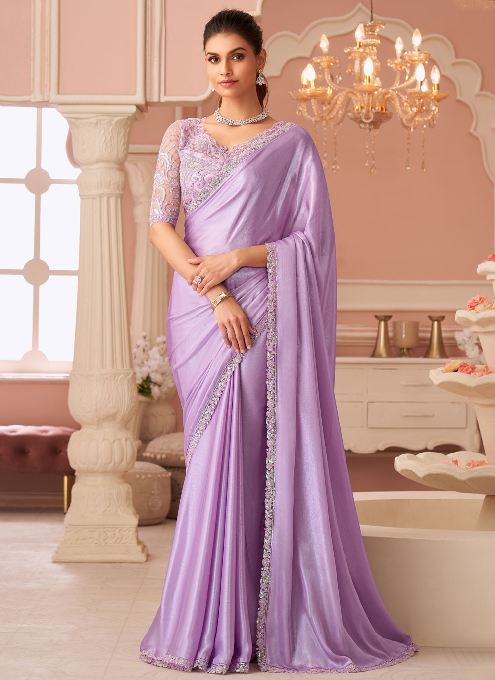 Traditional Border Work Lavender Chiffon Saree S13640