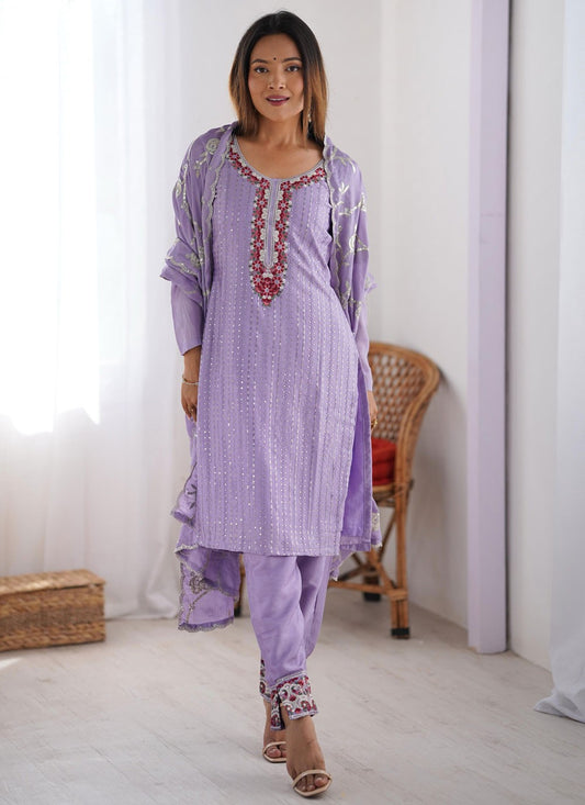 Pant Style Suit Embroidered, Sequins, Thread Lavender T7041