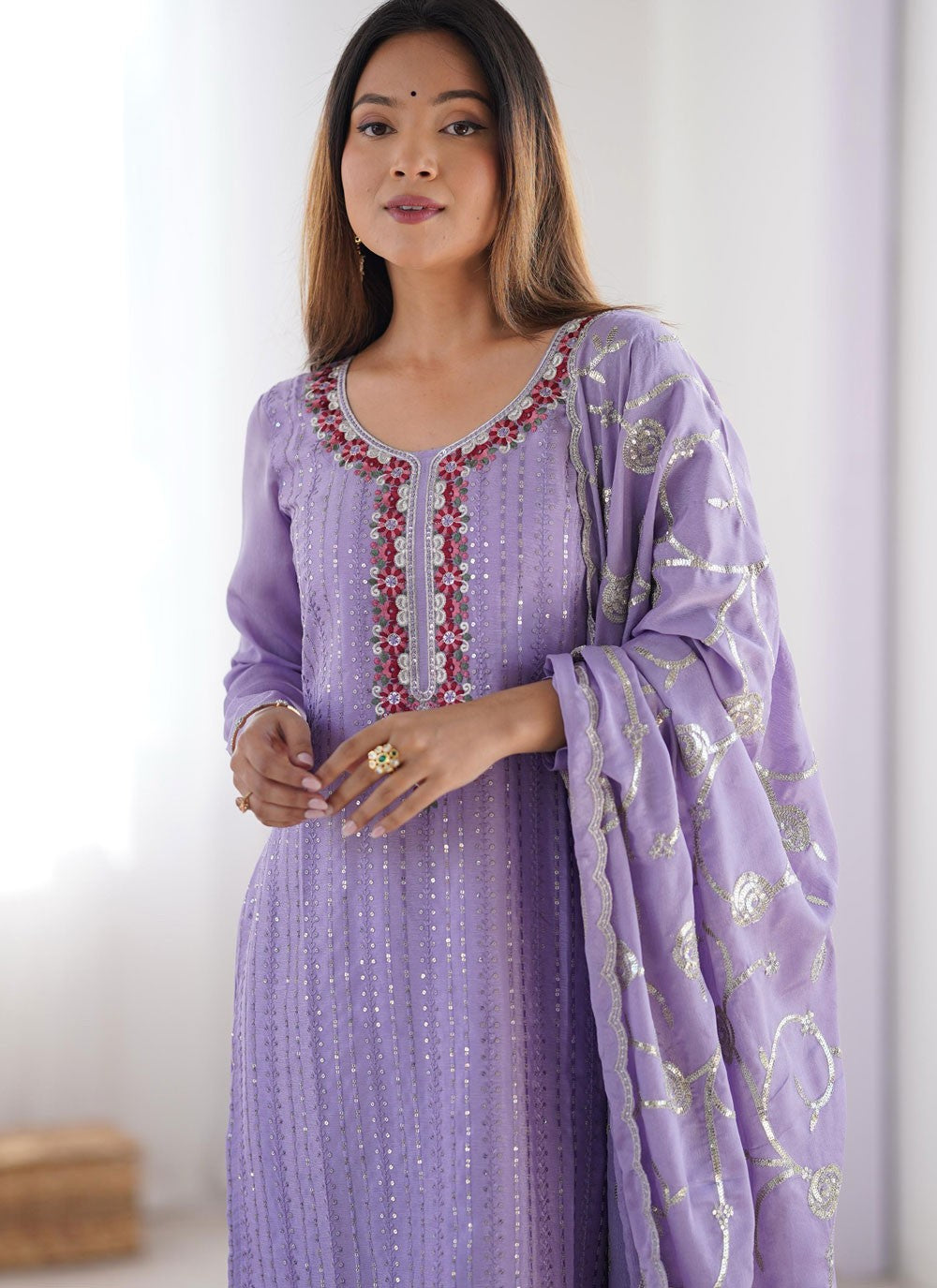Pant Style Suit Embroidered, Sequins, Thread Lavender T7041