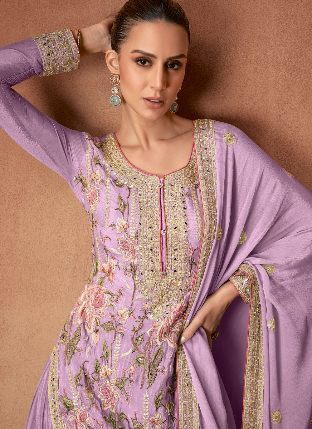 Palazzo Suit Embroidered Lavender Chinon T5341