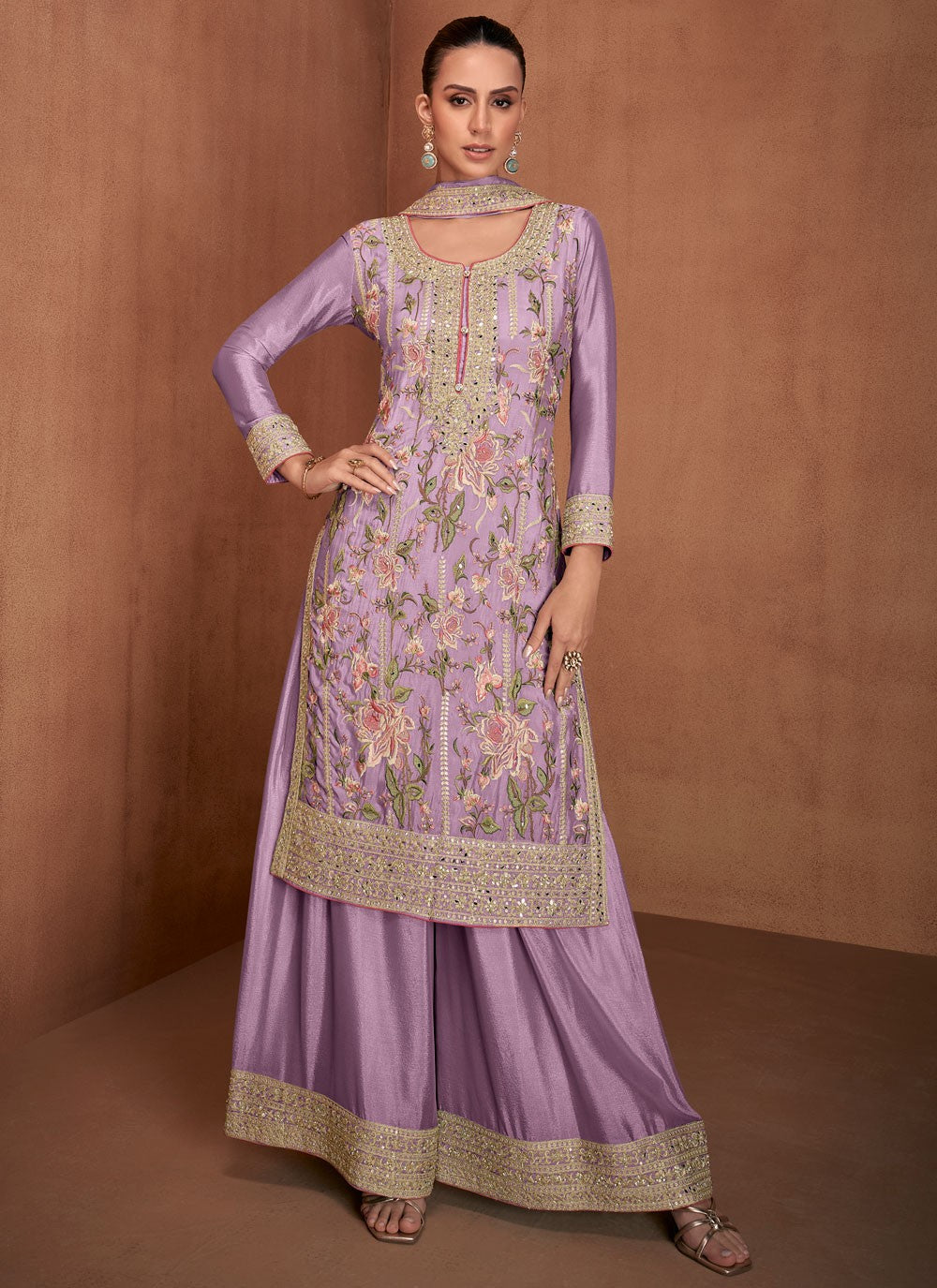 Palazzo Suit Embroidered Lavender Chinon T5341