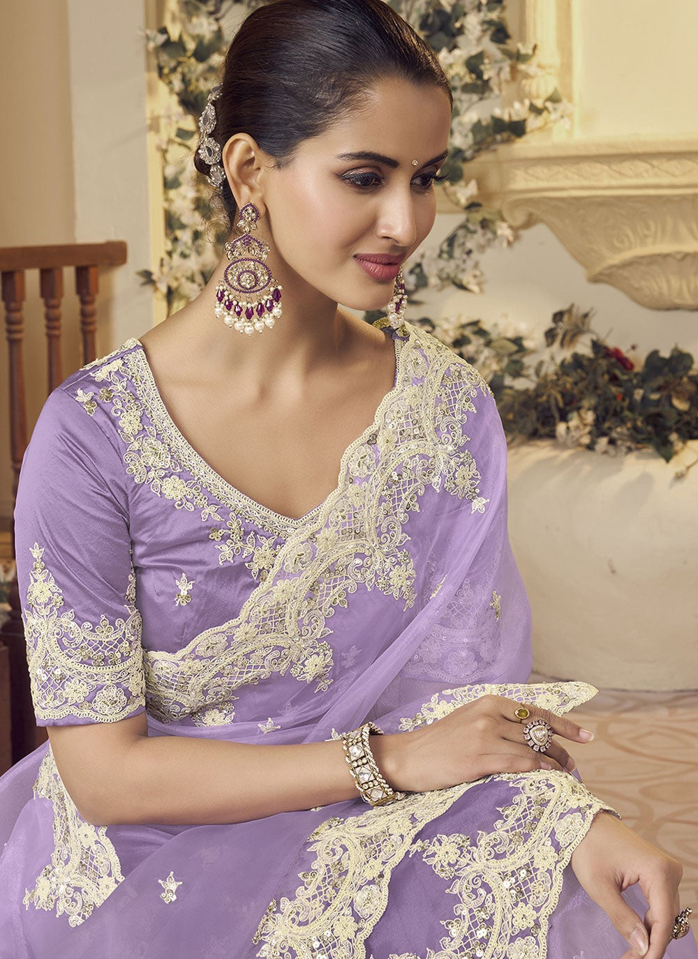 Classic Saree Embroidered Lavender Fancy Fabric S12375
