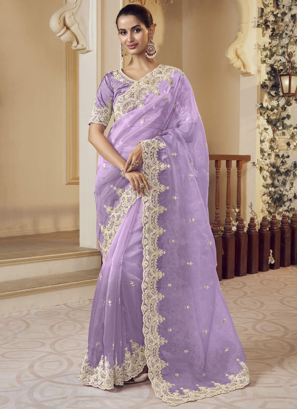 Classic Saree Embroidered Lavender Fancy Fabric S12375
