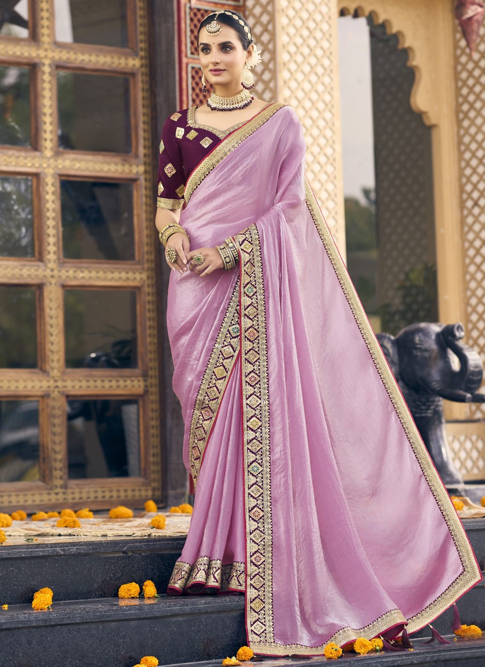 Border Work Silk Lavender Classic Saree S15360