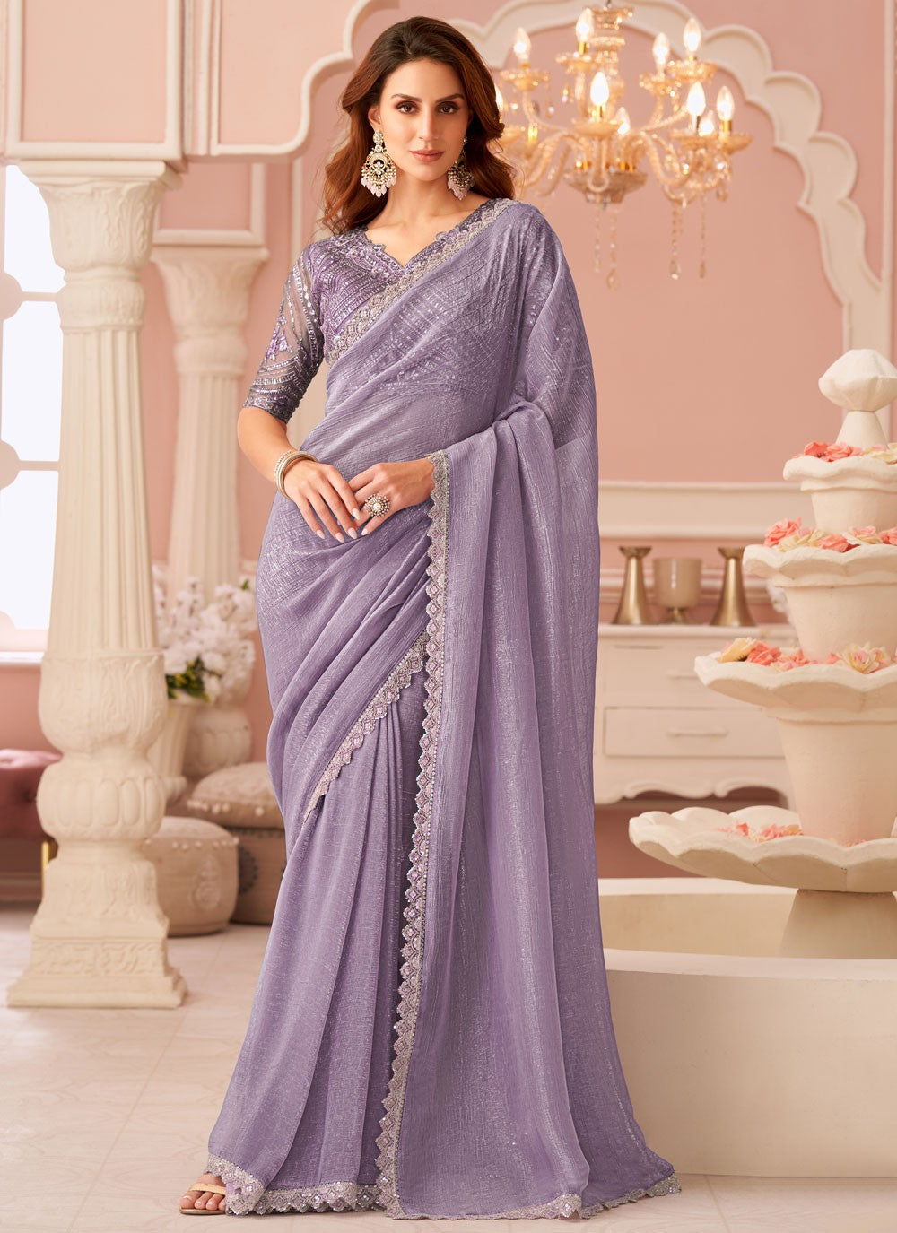Designer Border Work Lavender Georgette Saree S13649
