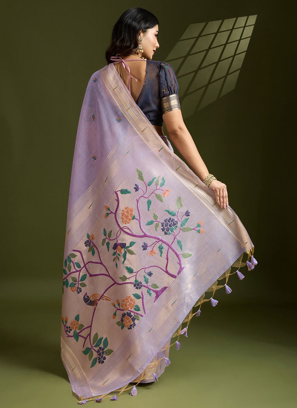 Lavender Cotton Designer Saree Floral Printed, Thread, Woven, Zari S17570
