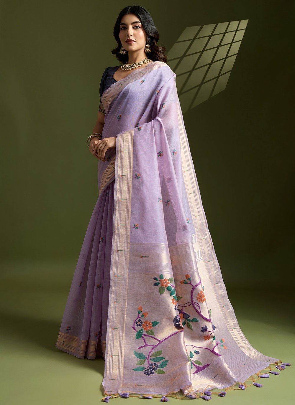 Lavender Cotton Designer Saree Floral Printed, Thread, Woven, Zari S17570