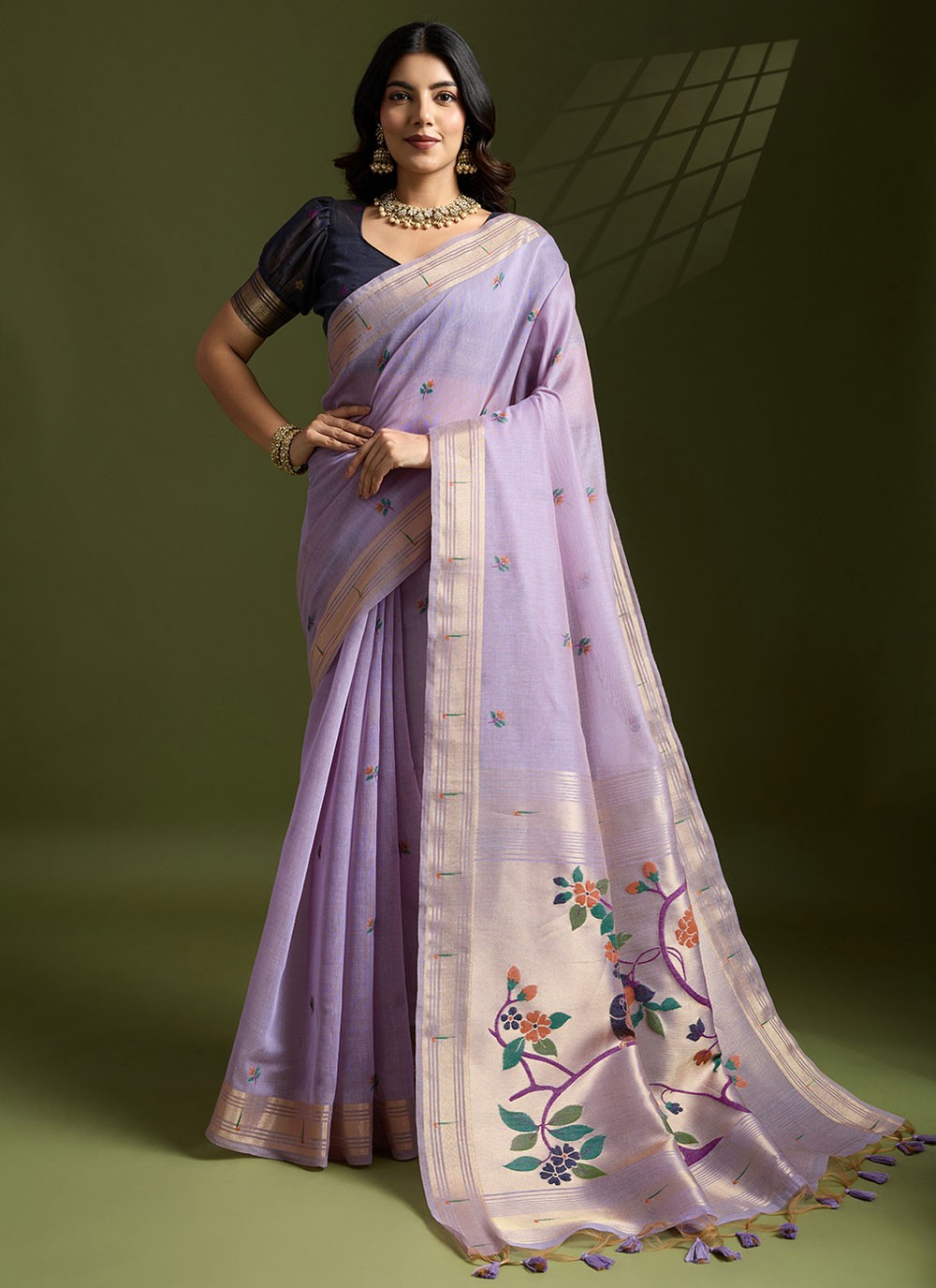 Lavender Cotton Designer Saree Floral Printed, Thread, Woven, Zari S17570