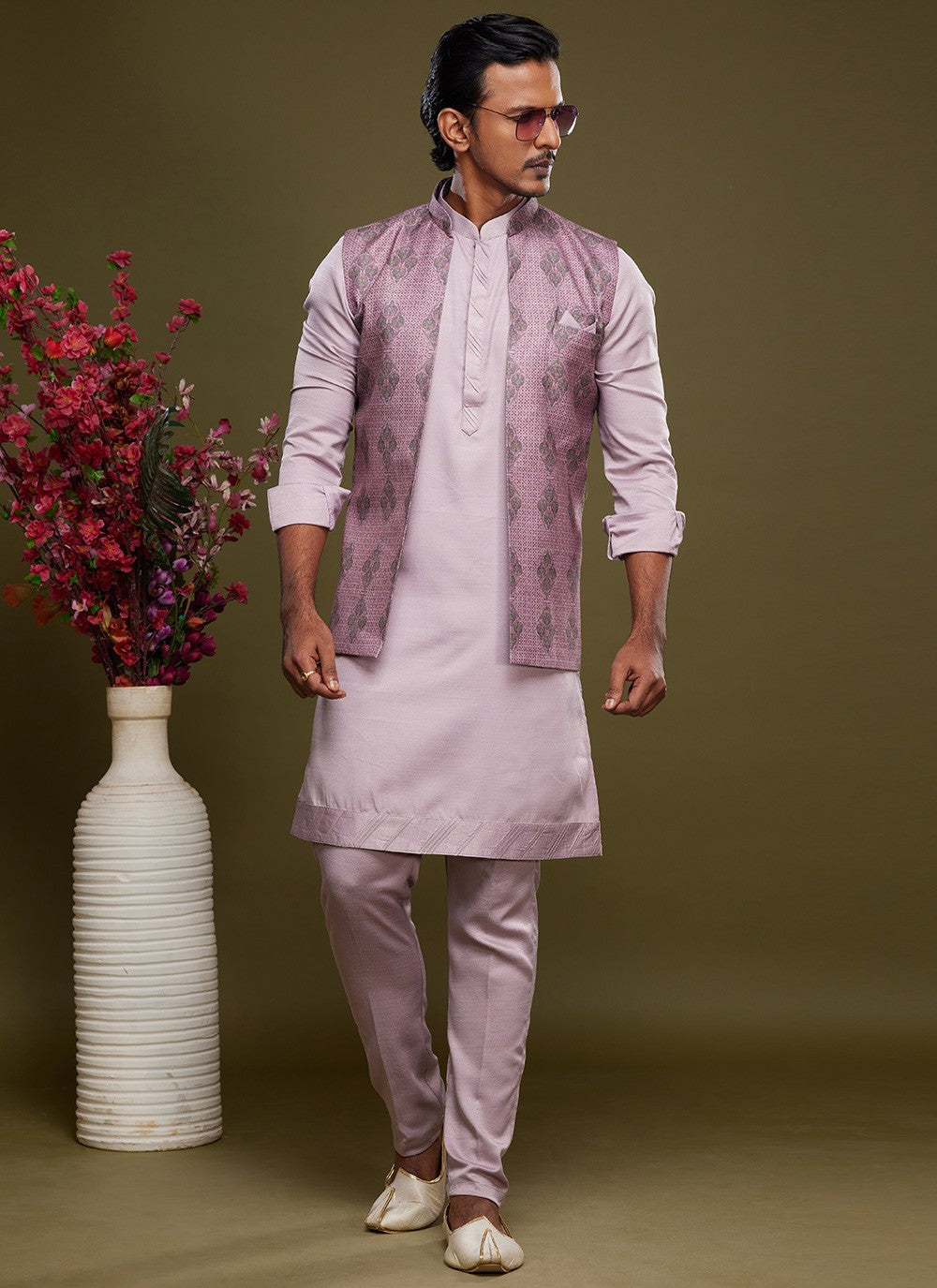 Digital Print Banarasi Silk Lavender Kurta Payjama With Jacket - M6074