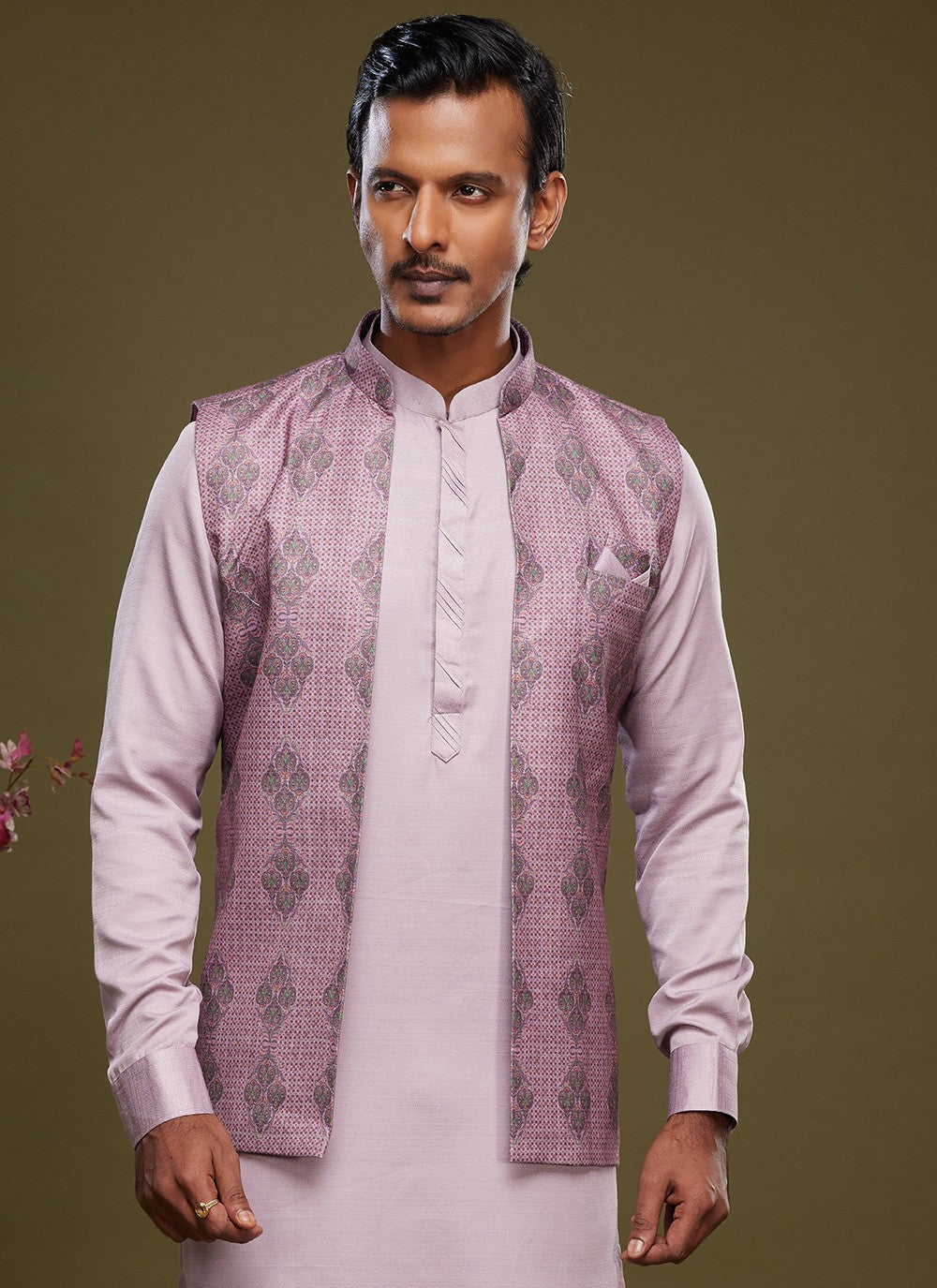 Digital Print Banarasi Silk Lavender Kurta Payjama With Jacket - M6074