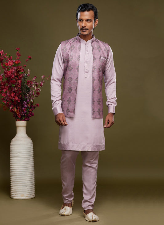 Digital Print Banarasi Silk Lavender Kurta Payjama With Jacket - M6074